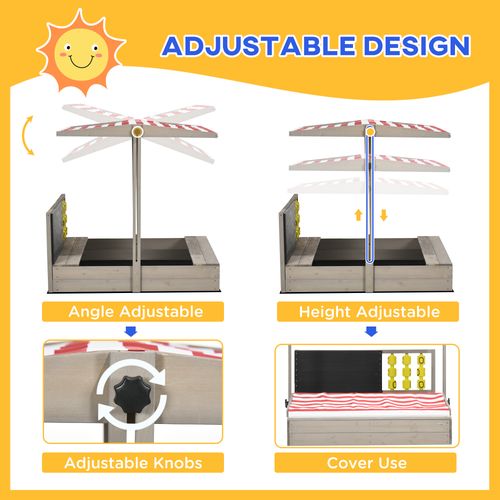 Kids Wooden Sandpit, Sandbox w/ Canopy Seats for Gardens Grey Outsunny