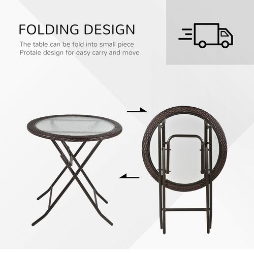 Folding Round Tempered Glass Metal Table with Brown Rattan Edging Outsunny