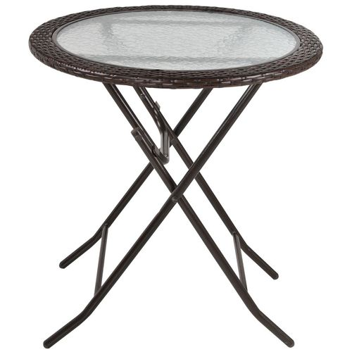 Folding Round Tempered Glass Metal Table with Brown Rattan Edging Outsunny