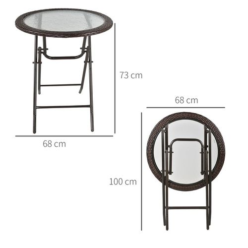 Folding Round Tempered Glass Metal Table with Brown Rattan Edging Outsunny